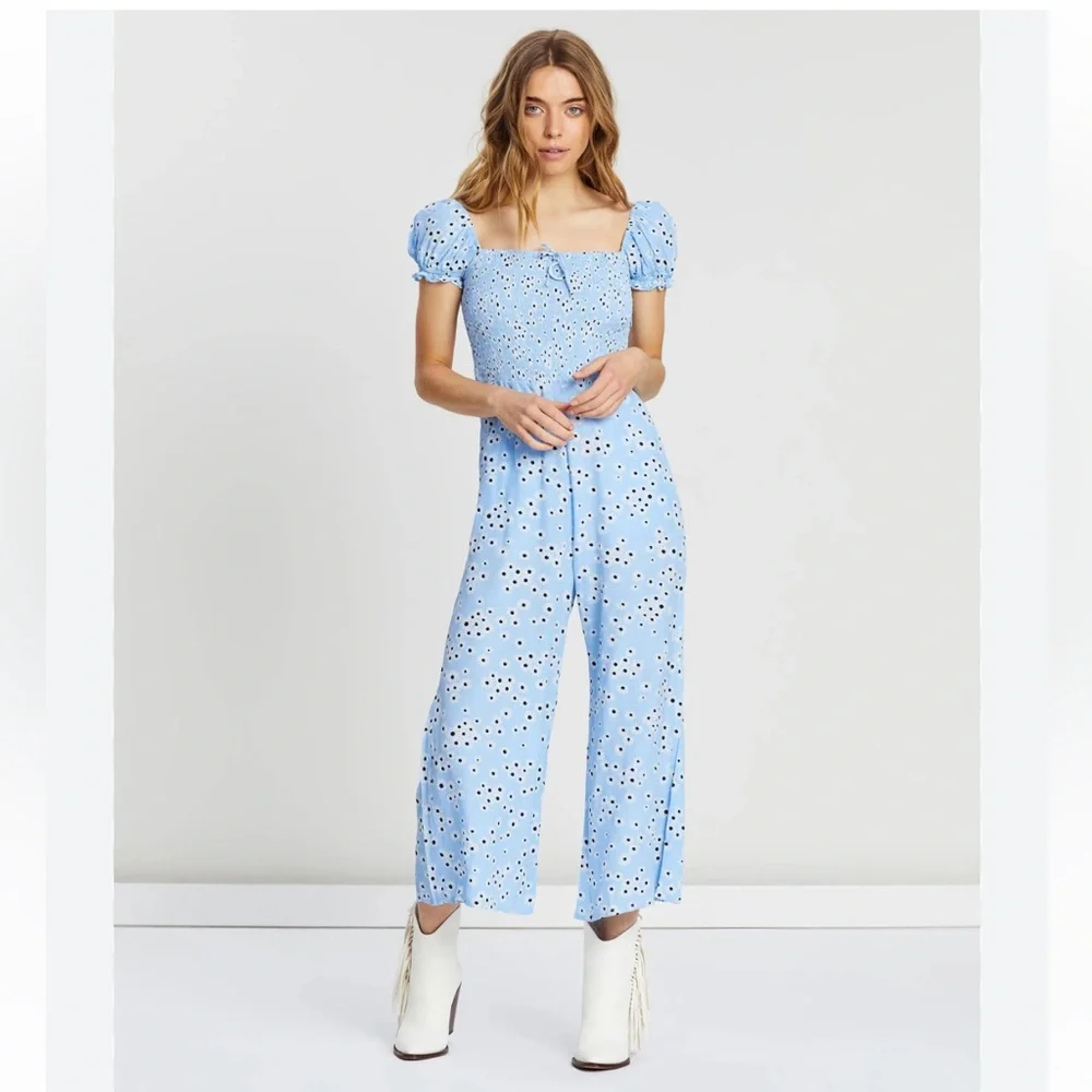 FAITHFULL THE BRAND Essa Floral Della Jumpsuit Size 8 Smocked Bodice Puff Sleeve - Picture 3 of 8